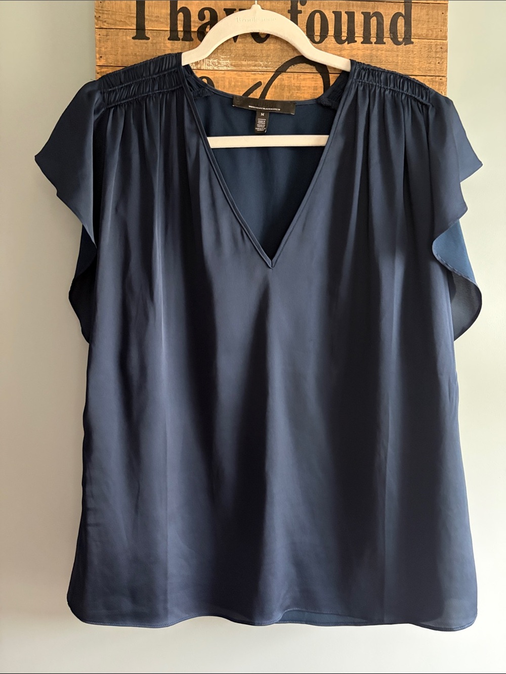 White House Black Market Navy V-Neck Flutter-Sleeve Top